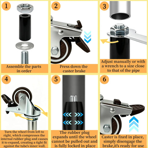 Assembly guide for Slick Heavy Duty 2 Inch Caster Wheels Set Of 4 With Locking Expanding Stem And Quiet TPR Rubber Casters.