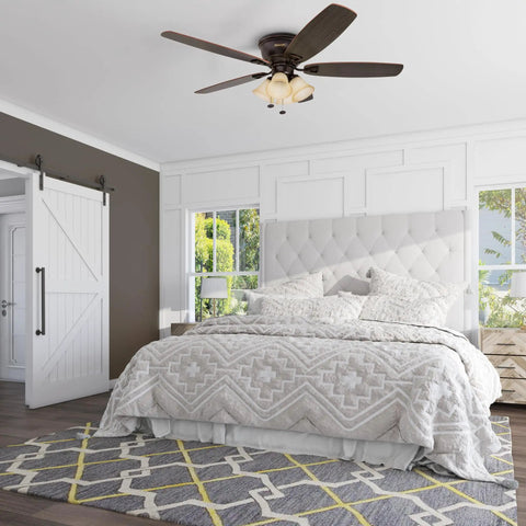 Glen Alden 52 Inch Indoor LED Ceiling Fan With Light Flush Mount Ceiling Fan With Pull Chain Quick 2 Hang Installation Reversible Motor Dual Finish Blades In Oil Rubbed Bronze Ideal For Medium To Large Rooms Up To 400 Sq Ft in a bedroom setting