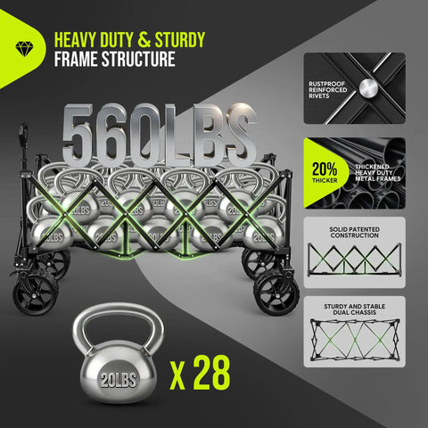 Extra Large Folding Wagon Cart For Outdoors And All Terrain Hauling Heavy Duty 560 Pound Capacity steel frame with 20% thicker metal