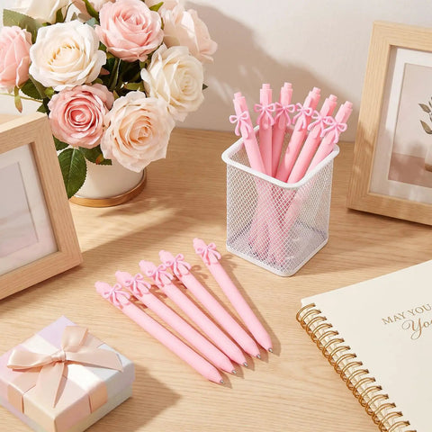 Pink Bow Pens Set 10 Pack Aesthetic Retractable Ballpoint Pens With Cute Bow Decor in desk organizer