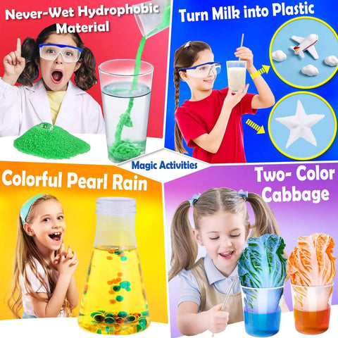 60 Plus Science Experiments Kit For Kids With Chemistry Set And Volcano Eruptions Colorful STEM Activities featured in use