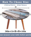 Round Fitted Tablecloth With Elastic Edge For Indoor And Outdoor Use Waterproof Wipeable Table Cover For 36 To 44 Inch Round Tables Farmhouse Style No Fuss Cleanup Dinner Picnic Patio Decor on wooden table showing size guide