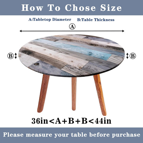 Round Fitted Tablecloth With Elastic Edge For Indoor And Outdoor Use Waterproof Wipeable Table Cover For 36 To 44 Inch Round Tables Farmhouse Style No Fuss Cleanup Dinner Picnic Patio Decor on wooden table showing size guide