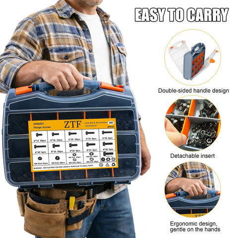 Person carrying 380PCS Flange Bolt Kit With Nuts And Washers For Metric M6 M8 And M10 Bolts 12 16 20 25 30 40mm case