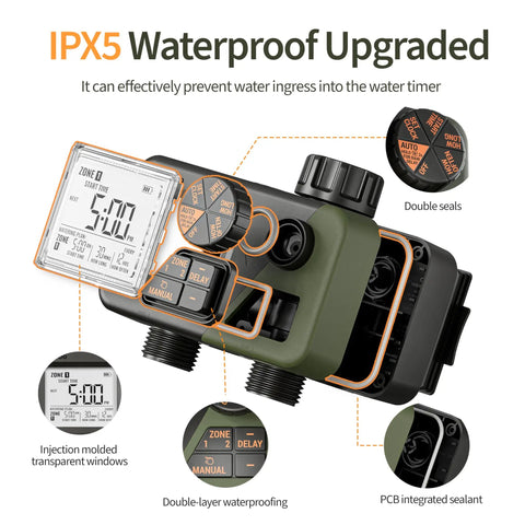 IPX5 Waterproof Upgraded Two Zone Sprinkler Timer With Dual Outlet Hose Timer, Programmable for Lawn Yard Pool