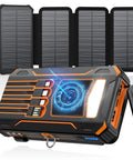 On The Go 48000mAh Solar Charger Power Bank with four solar panels, wireless charging, built-in cables, rugged design, ideal for camping.