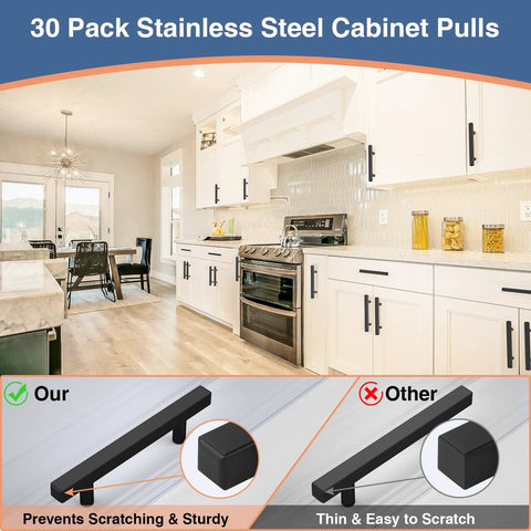 Matte Black Square Cabinet Handles Set Of 30 5 Inch Length Drawer Pulls shown in a modern kitchen setting