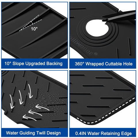 Extended Silicone Faucet Splash Guard And Sink Overflow Mat With Integrated Sponge Rest And Rapid Drain Cutouts To Keep Your Kitchen Counter No Sweat And Always Looking Sharp In Rich Matte Black features upgrade design elements.