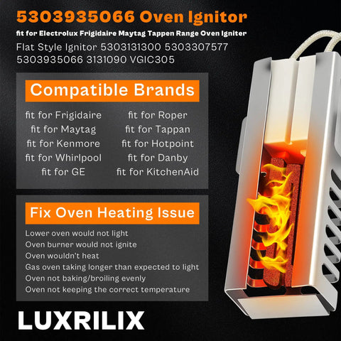 Oven Igniter Replacement For Major Range Brands Including Electrolux Kenmore Whirlpool GE Hotpoint Maytag Roper Tappan Range Stove 11.5 Inch Total Length 3.6 Inch Body 7.5 Inch Leads With Ceramic Nuts, with compatible brands and heating issue solutions displayed.