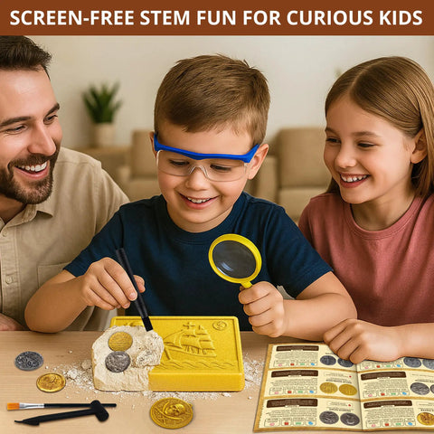 Pirate Treasure Dig Kit for Kids 6 and Up, Uncover 16 Plus Realistic Ancient Coin Replicas, Fool's Gold and Pirate Charms, STEM Archaeology Craft for Necklace Making, Coin Collecting Gift for Curious Explorers. kids digging coin replicas