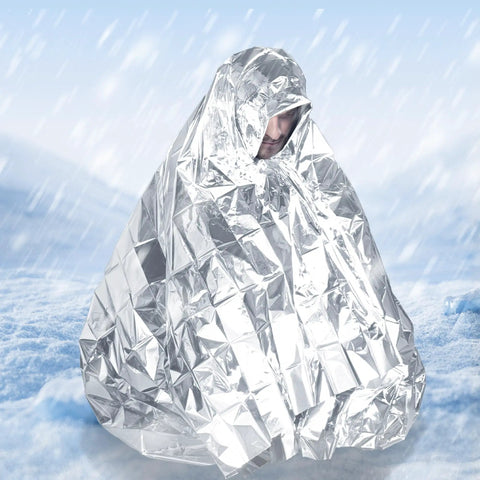 Person covered with Mylar Emergency Blankets Space Blanket Thermal Survival Gear For Camping And Outdoors in snowstorm.