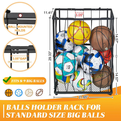 Heavy Duty Garage Ball Storage Rack With No Fuss Elastic Strap Wall Mount Or Floor Stand Option For Basketball Soccer Football Volleyball Gear In Matte Black