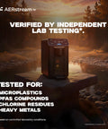 GW Pro Daily Water Factory Atmospheric Water Generator on outdoor table with lab test results at sunset