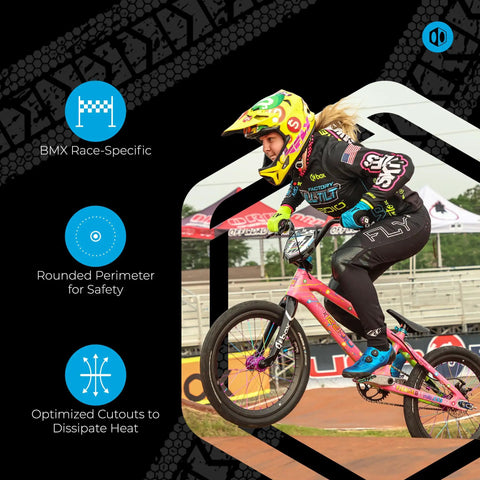 BMX racer with 120mm 6 Bolt BMX Disc Brake Rotor in stainless steel for race ready bikes, rounded edge design.