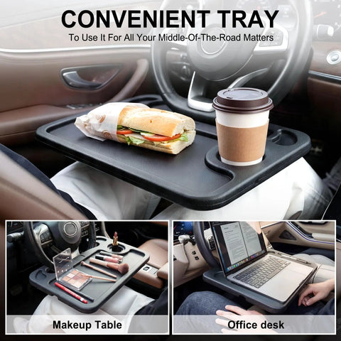 Steering Wheel Desk For Laptop And Eating Two In One Car Tray With Cup Holder Pen Slot; multipurpose travel accessory in use.