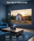 Living room setup with Portable Projector With WiFi And Bluetooth Flippable Dual 10W Dolby Audio Speakers 1080P FHD 4K Support