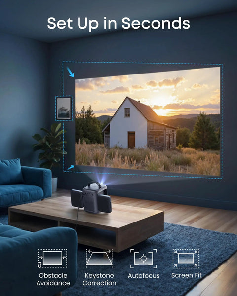 Living room setup with Portable Projector With WiFi And Bluetooth Flippable Dual 10W Dolby Audio Speakers 1080P FHD 4K Support