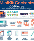 Contents of Tiny But Mighty Travel First Aid Kit For Kids with stickers, bandages, antiseptic wipes, and creams.