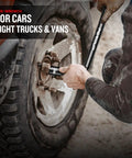 Telescoping Lug Wrench Set With 19mm And 21mm CR-V Steel Sockets, Extended Lug Nut Removal Tool For Cars shown in use on wheel