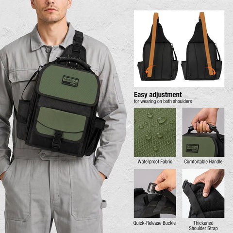 Heavy Duty Electrician Tool Chest Bag With 21 Tough As Nails Pockets And Waterproof Oxford Fabric Tactical HVAC Work Sling with adjustable straps.