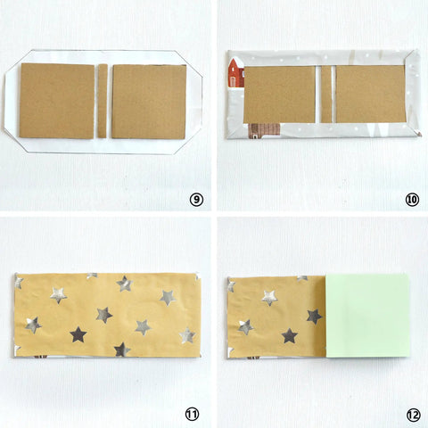 Six Piece Bookbinding And Scrapbooking Tool Kit with durable templates showing steps of covering cardboard with star paper.