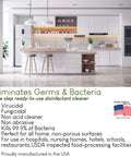 Modern kitchen with text about Hospital Grade Disinfectant Cleaner With EPA List N And G Kills 99.9 Percent Of Viruses And Bacteria