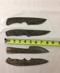 Dope Damascus Skinning Knife Set Four Piece Hand Forged Full Tang Blades with measuring tape for length comparison