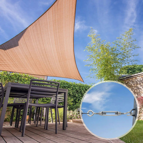16 Piece Beefy Stainless Steel Turnbuckle Hook And Eye Kit M6 M5 M4 in use for sun shade installation outdoors.