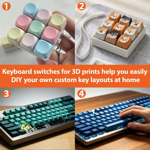 120 Pack Blue MX-Compatible 3-Pin Mechanical Keyboard Switches With Switch Puller, Cleaning Brush, And Cloth Go-To DIY Switch Kit For 3D Prints, Replacements, And Custom Keyboard Builds, shown in 3D print keyboard layouts
