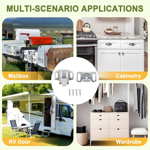 Mailbox Roller Catch Latch Replacement Kit With Screws Hardware shown with applications for cabinets, RVs, and wardrobes