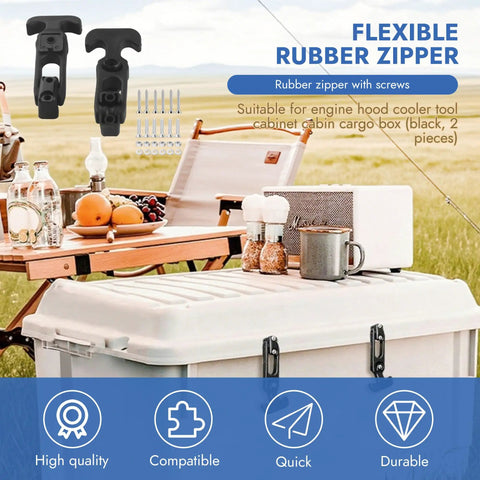 Heavy Duty Rubber T Handle Draw Latch 2 Pack shown on cooler with fruits and camp setup