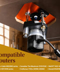 Industrial Grade Aluminum Router Lift Kit Dime Drop Height Adjustment Fits Standard Cylindrical Motor Bases mounted on a workbench.