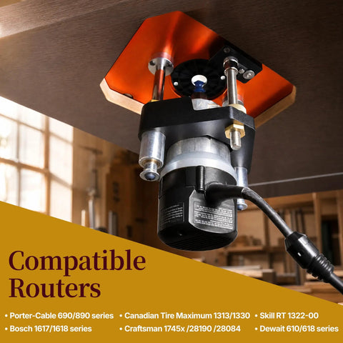 Industrial Grade Aluminum Router Lift Kit Dime Drop Height Adjustment Fits Standard Cylindrical Motor Bases mounted on a workbench.