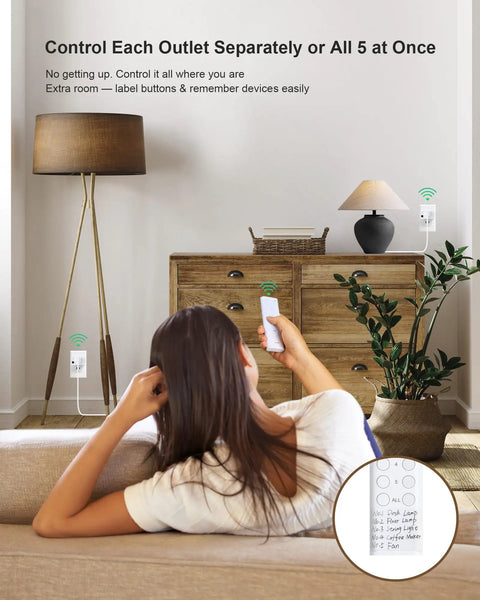 Long Range Wireless Remote Outlet Kit With Five Outlets And Two Remotes, 200 Foot Range, in use to control lamps