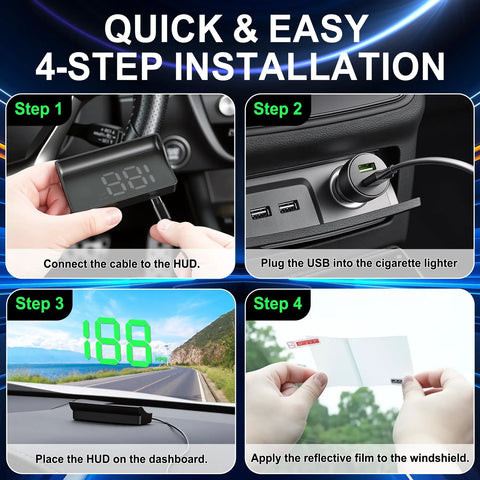 Four-step installation guide for Heads Up Display For Cars Digital HUD Speedometer With GPS Dual Satellite Tracking