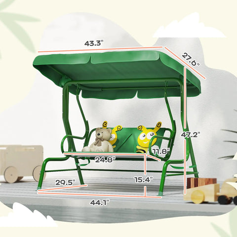 Kids Patio Swing 2-Seater Outdoor Swing Chair With Adjustable Canopy And Safety Belt Lion Pattern Hanging Swing Bench For Garden Or Backyard Yellow Edition Great Gift For Kids with visible dimensions.