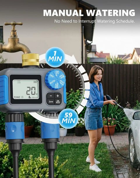 Two Zone Sprinkler Timer With Brass Swivel No Fuss Dual Outlet Rain Delay Manual Mode Easy Setup Auto Watering System for hoses