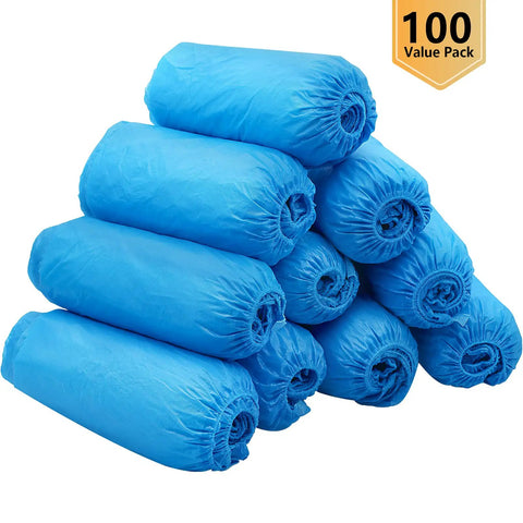 Stack of blue Disposable Non Slip Indoor Shoe Covers Waterproof CPE Booties 50 Pairs Large Fits US Men 11 And Women 13