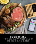 4 Probe WiFi Smart Meat Thermometer with Guided Cook System and real-time alerts next to cooked roast on cutting board