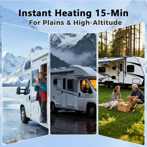 Proven Tankless Water Heater Packs 55000 BTU 12V DC Smart Temp Control Straight Into Your RV Giving You Instant Hot Showers Hassle Free Whether You Are Boondocking Or Tailgating Smooth Rig Essential, showcasing RV setups in various locations.