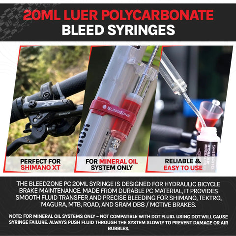 Close-up of 20ml Luer Polycarbonate brake bleed syringes for MTB road brakes; reliable, easy to use, for precise maintenance.
