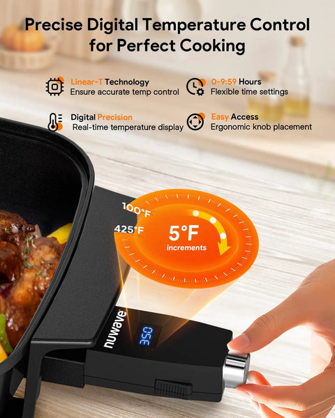 Close-up of Medley XL Digital Electric Skillet control knob showing temperature range from 100 to 425°F with digital display.