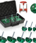 Pro Grade Heavy Duty PVC Pipe Reamer Kit For DIYers And Pros, 9 Size Range From Half Inch To Four Inch, showing tools and case.