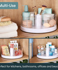 Smooth As Butter Three Bin Rotating Lazy Susan Turntable For Cabinet Organization with clear containers and personal care items.