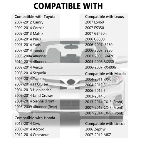 Compatibility list for Plug And Play Windshield Washer Pump Replacement Kit with Toyota, Lexus, Mazda, Honda, Lincoln
