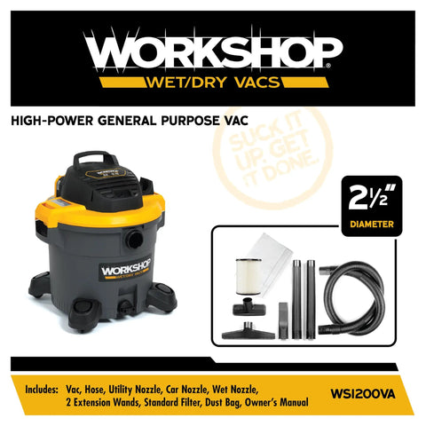 Beast Of A 12 Gallon Wet Dry Shop Vacuum With 5.0 Peak HP for Real World Messes shown with attachments and specifications