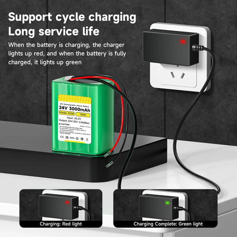 24V Lithium Battery 3000mAh with Charger, showing charging status indicators with bare leads, suitable for DIY projects.