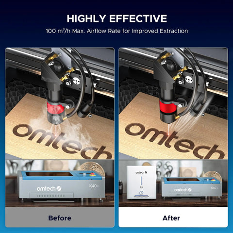 Before and after use of 60W Fume Extractor for Laser Engravers With Heavy Duty Two Stage Air Filter System on wooden engraving.