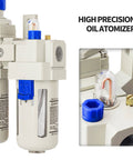 Close-up view of One Half Inch NPT Air Compressor Water Separator with Air Pressure Regulator, filter and lubricator details.
