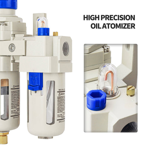 Close-up view of One Half Inch NPT Air Compressor Water Separator with Air Pressure Regulator, filter and lubricator details.